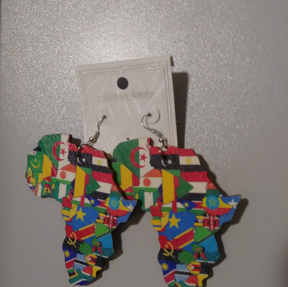 African Flags Wood Earrings
